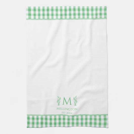 Groene en Witte Gingham Aangepaste Naam Monogram Theedoek (Verticaal)