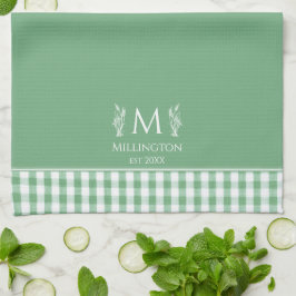 Groene en Witte Gingham Aangepaste Naam Monogram Theedoek