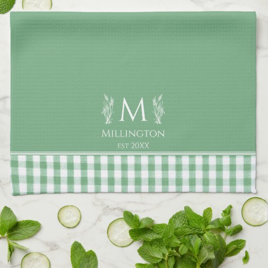 Groene en Witte Gingham Aangepaste Naam Monogram Theedoek (Gevouwen)