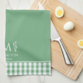 Groene en Witte Gingham Aangepaste Naam Monogram Theedoek (Quarter Fold)