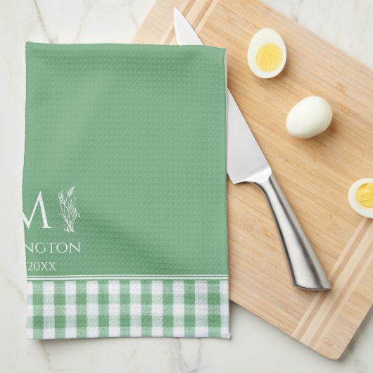 Groene en Witte Gingham Aangepaste Naam Monogram Theedoek (Quarter Fold)