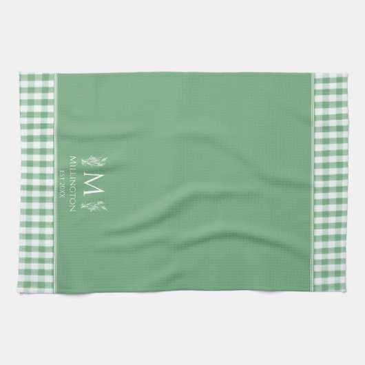 Groene en Witte Gingham Aangepaste Naam Monogram Theedoek (Horizontaal)