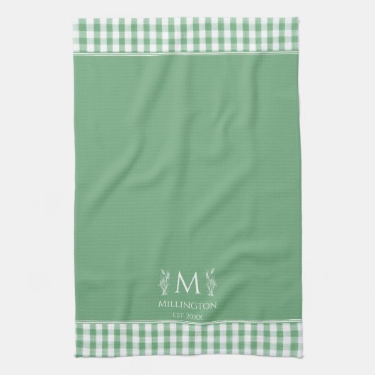 Groene en Witte Gingham Aangepaste Naam Monogram Theedoek (Verticaal)