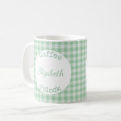 Groene en witte gipsplaat met een naam koffiemok (Voorkant links)