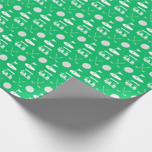 Groene en witte golfballen, karren en clubs cadeaupapier (Hoek)