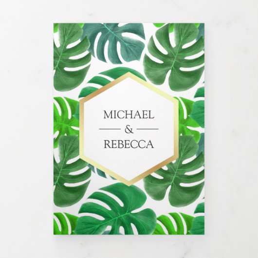 Groene en Witte Hexagon Monstera Tropische bruilof Drieluik Uitnodiging (Cover)