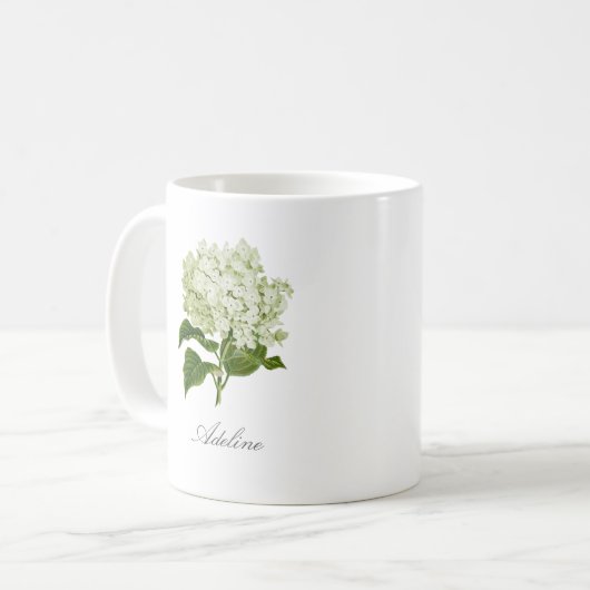 Groene en witte hortensia bloem en aangepaste naam koffiemok (Voorkant links)