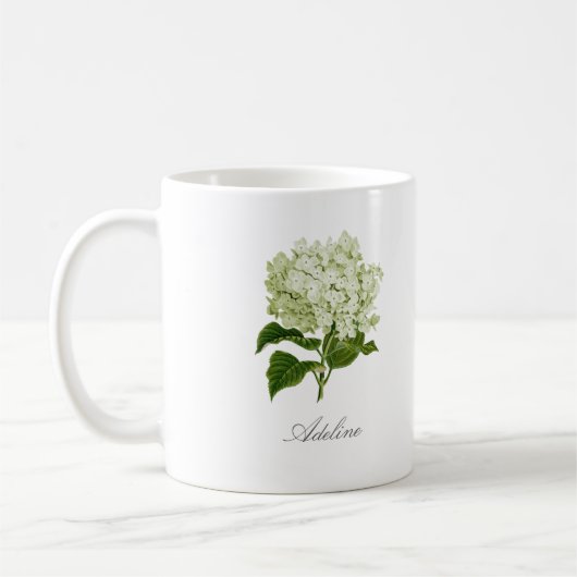 Groene en witte hortensia bloem en aangepaste naam koffiemok (Links)