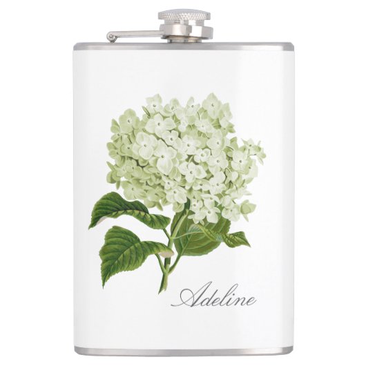Groene en Witte Hortensia Bloem met Naam Heupfles (Voorkant)