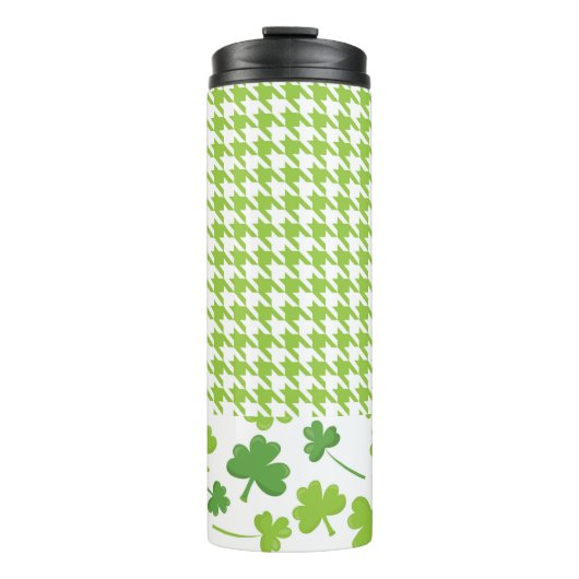 GROENE EN WITTE HOUNDSTOOTH PATROON MET SHAMROCKS THERMOSBEKER (Voorkant)
