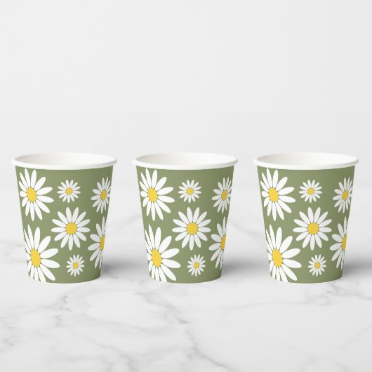 Groene en Witte Madelief Papieren Bekers (Multi)