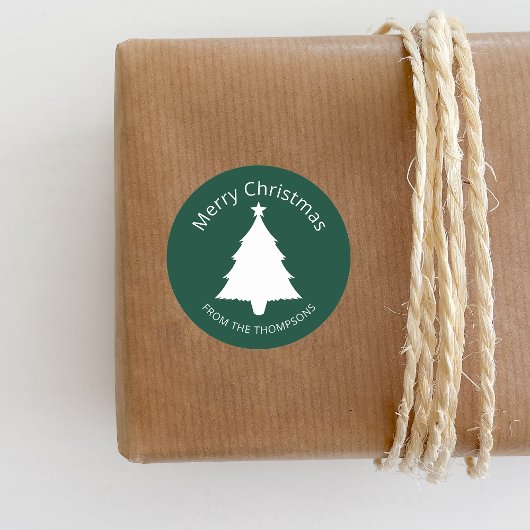 Groene en witte minimalistische kerstboom en tekst ronde sticker