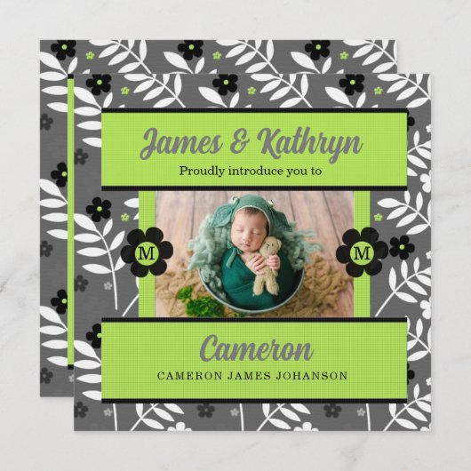Groene en witte niet-geslachtsspecifieke Baby Aankondiging (Voorkant / Achterkant)