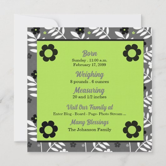 Groene en witte niet-geslachtsspecifieke Baby Aankondiging (Achterkant)