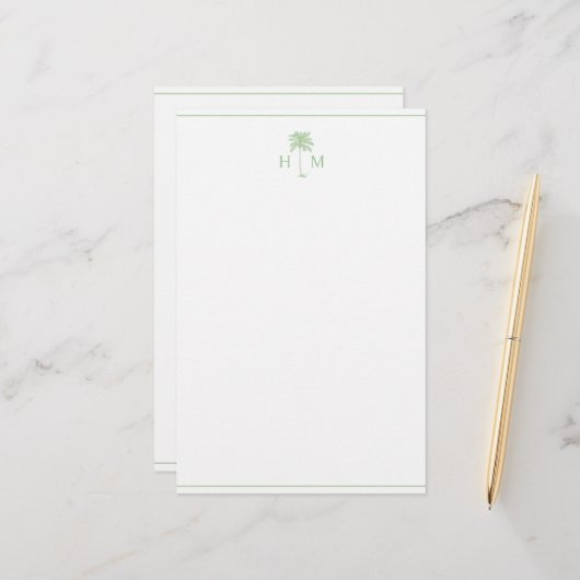 Groene en Witte Palm Palmetto Boom Monogram Briefpapier (Voorkant / Achterkant in situ)