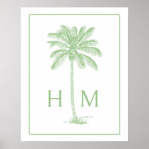 Groene en Witte Palm Palmetto Boom Monogram Poster