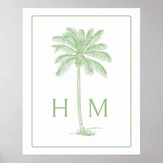 Groene en Witte Palm Palmetto Boom Monogram Poster (Voorkant)