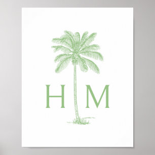 Groene en Witte Palm Palmetto Boom Monogram Poster