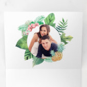 Groene en witte palmbladeren krans foto bruiloft drieluik uitnodiging (Binnenzijde eerst)