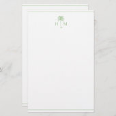 Groene en witte palmboom Monogram Briefpapier (Voorkant / Achterkant)