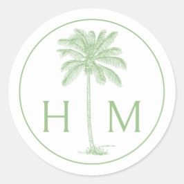 Groene en witte palmboom Monogram Ronde Sticker