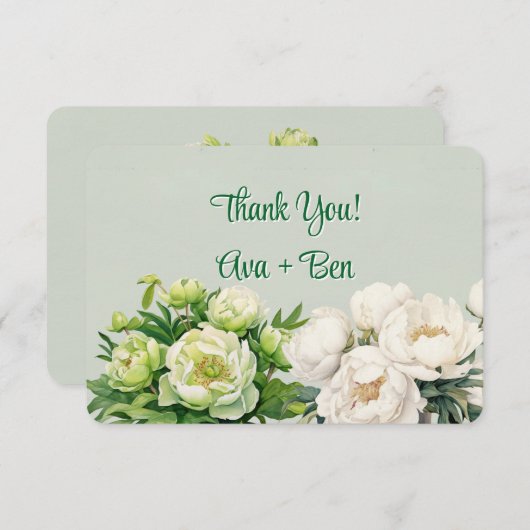 Groene en witte pioen bruiloft bedankkaart (Voorkant / Achterkant)