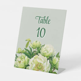 Groene en Witte Pioen Elegant Tafelnummer Reclamebord Met Voetstuk