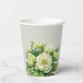 Groene en Witte Pioen Elegante Bruidsdouche Papieren Bekers (Achterkant)