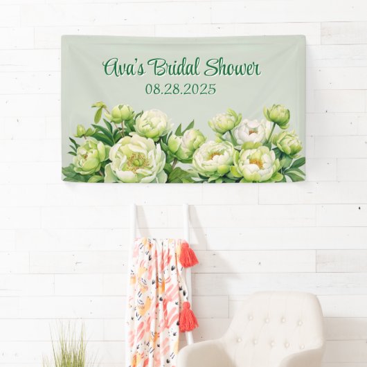 Groene en Witte Pioen Elegante Bruidsdouche Spandoek (Insitu)