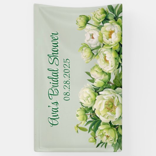 Groene en Witte Pioen Elegante Bruidsdouche Spandoek (Verticaal)