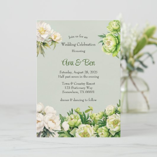 Groene en witte pioen elegante bruiloft kaart (Staand voorkant)