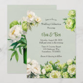 Groene en witte pioen elegante bruiloft kaart (Voorkant / Achterkant)