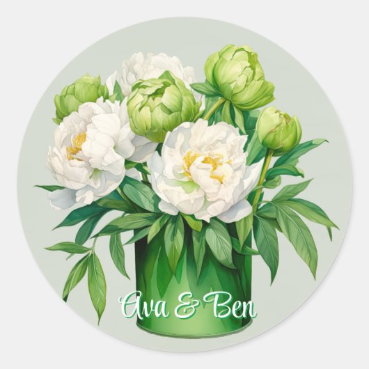 Groene en Witte Pioen Elegante Trouwdag Ronde Sticker (Voorkant)