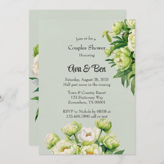 Groene en Witte pioen Elegante Trouwdouche Kaart (Voorkant / Achterkant)