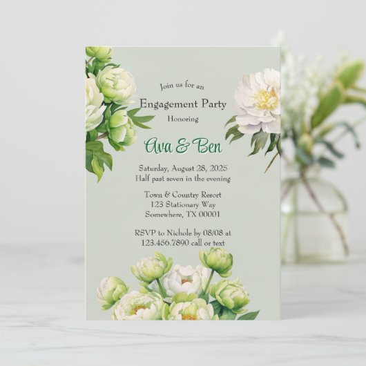 Groene en witte pioen elegante verlovingsfeest kaart (Staand voorkant)