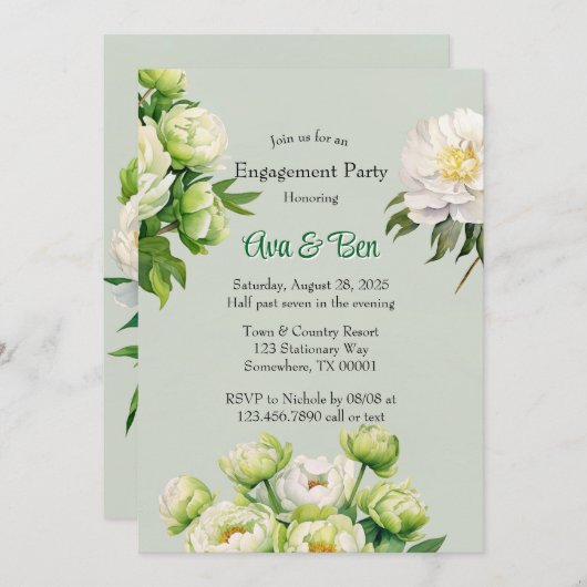 Groene en witte pioen elegante verlovingsfeest kaart (Voorkant / Achterkant)