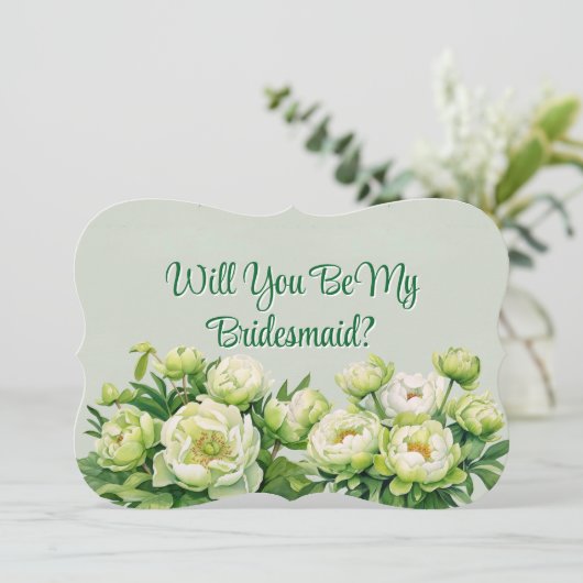 Groene en Witte Pioen Wil Je Mijn Bruidsmeisje Zij Kaart (Staand voorkant)