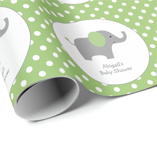 Groene en witte Polka Dot Olifant Baby shower Cadeaupapier (Rol Hoek)