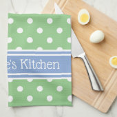 Groene en witte pooldot met blauw gepersonaliseerd theedoek (Quarter Fold)