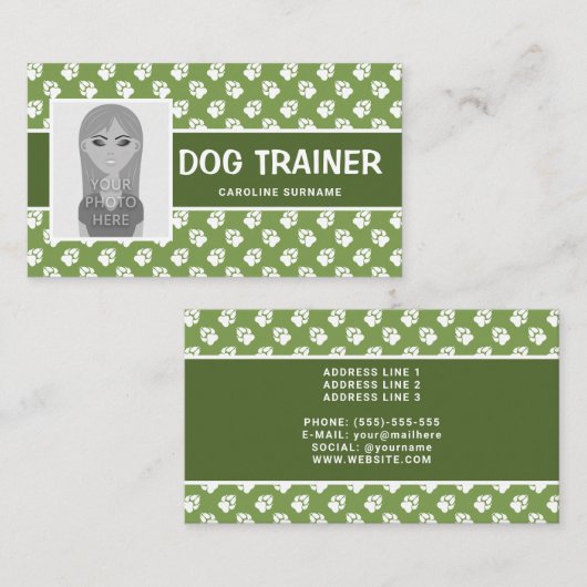 Groene en witte pootjes en fotosjabloon - Dog Trai Visitekaartje (Voorkant / Achterkant)