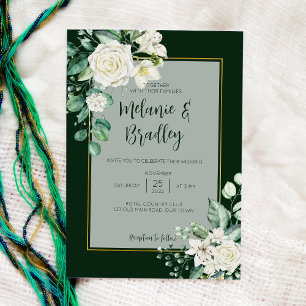 Groene en witte rozen elegante bruiloft kaart