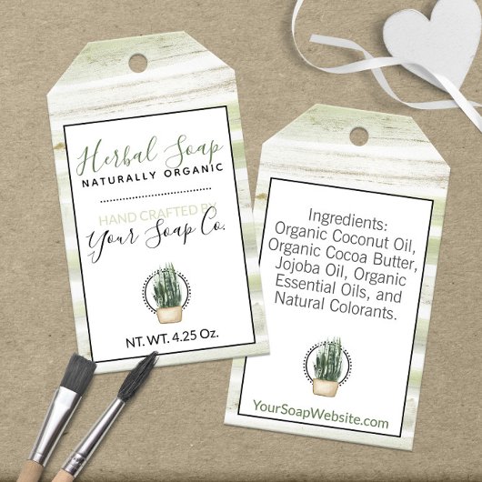 🌿 Groene en Witte Rustieke Waterverf Strepen Zeep Cadeaulabel