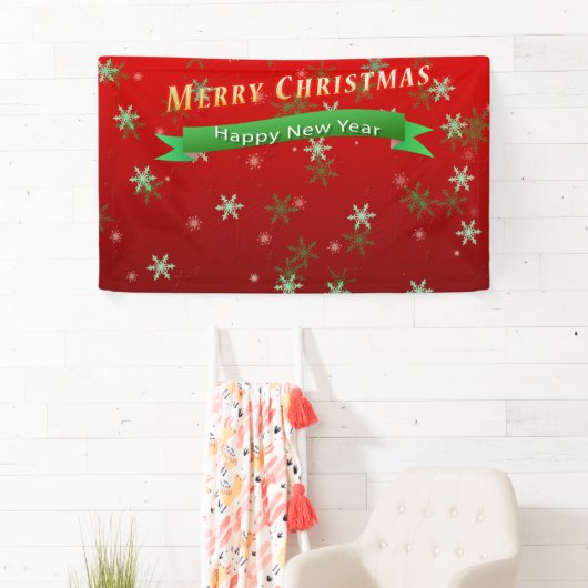 Groene en witte sneeuwvlokken op rode grond spandoek (Insitu)