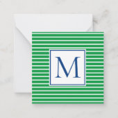 Groene en witte streep met marineblauw monogram notitiekaartje (Voorkant)