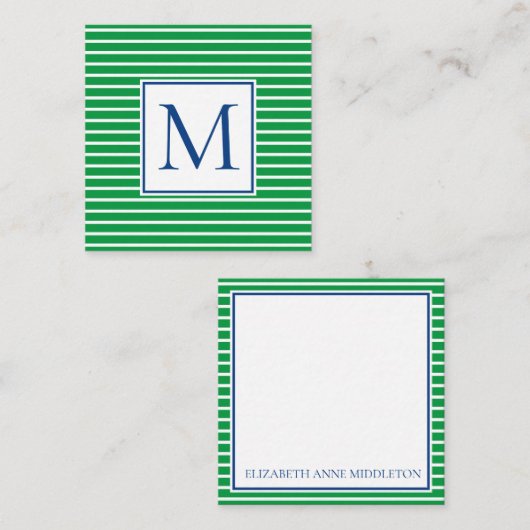 Groene en witte streep met marineblauw monogram notitiekaartje (Voorkant / Achterkant)