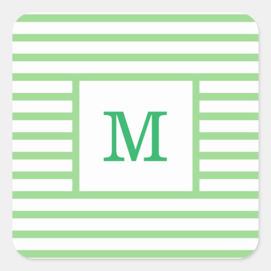 Groene en Witte Strepen Aangepast Monogram Vierkante Sticker (Voorkant)