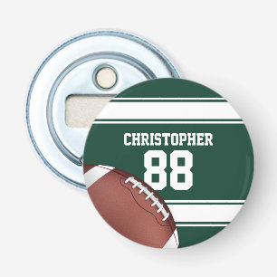 Groene en witte strepes Jersey Net IJzer Football Button Flesopener