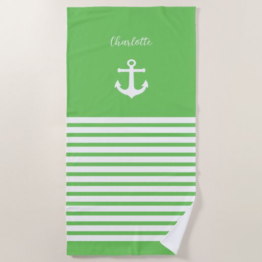 Groene en Witte Stripes Nautical Personalized Strandlaken (Voorkant)
