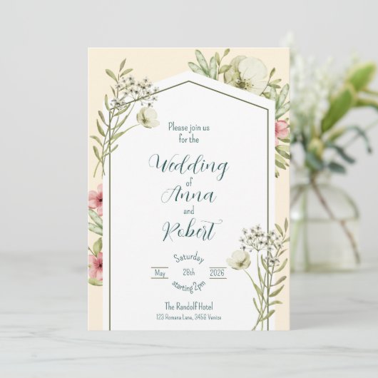 Groene en witte wilde bloemen geometrische bruilof kaart (Staand voorkant)