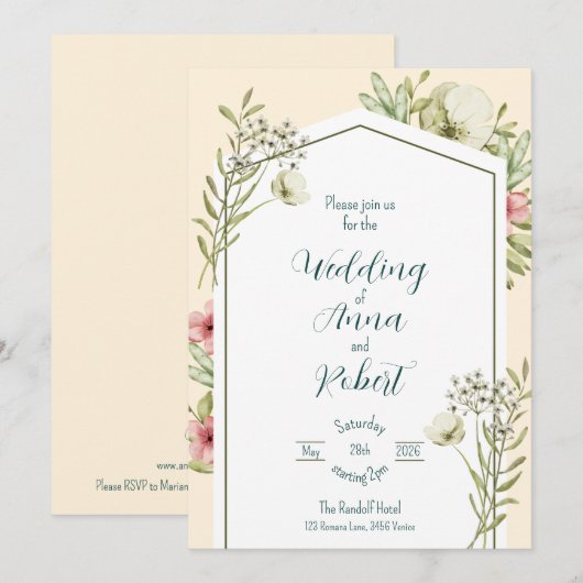 Groene en witte wilde bloemen geometrische bruilof kaart (Voorkant / Achterkant)